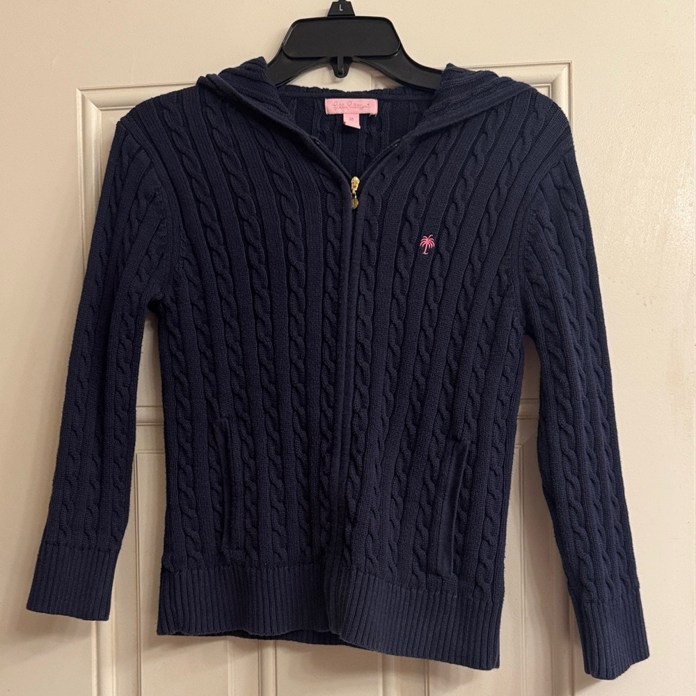 Classic Lilly Pulitzer Navy Cable Knit Women's Zippered, Hooded Cardigan